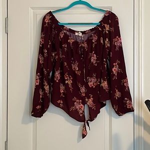 Maroon floral print off the shoulder top. Brand is Rewind. Size XL